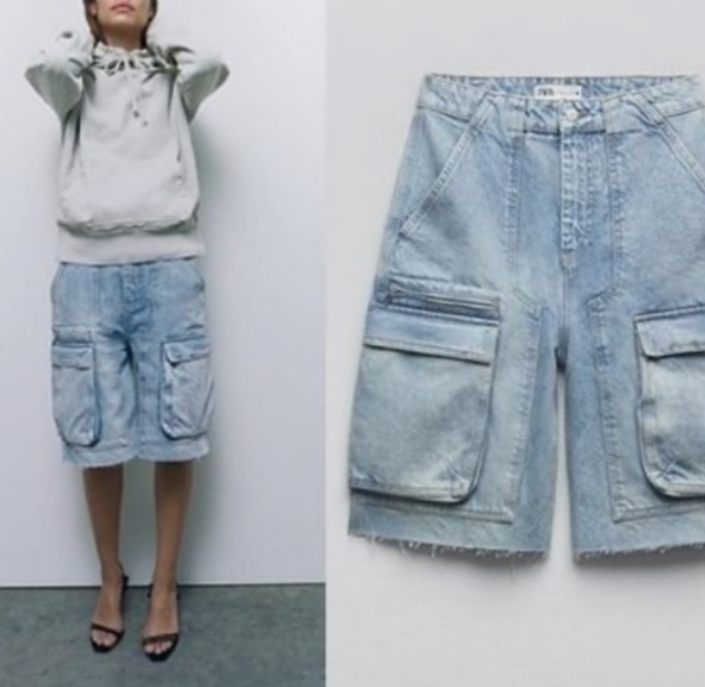 New Zara Bermuda 100% Cotton Denim Cargo Short - Picture 2 of 9